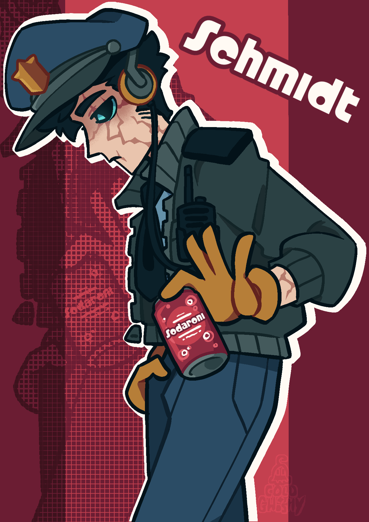 Schmidt, a black haired man wearing a slopy security guard's uniform and covered in lichtenberg scars, walks by casually holding a can of Sodaroni and listening to music through his headphones.